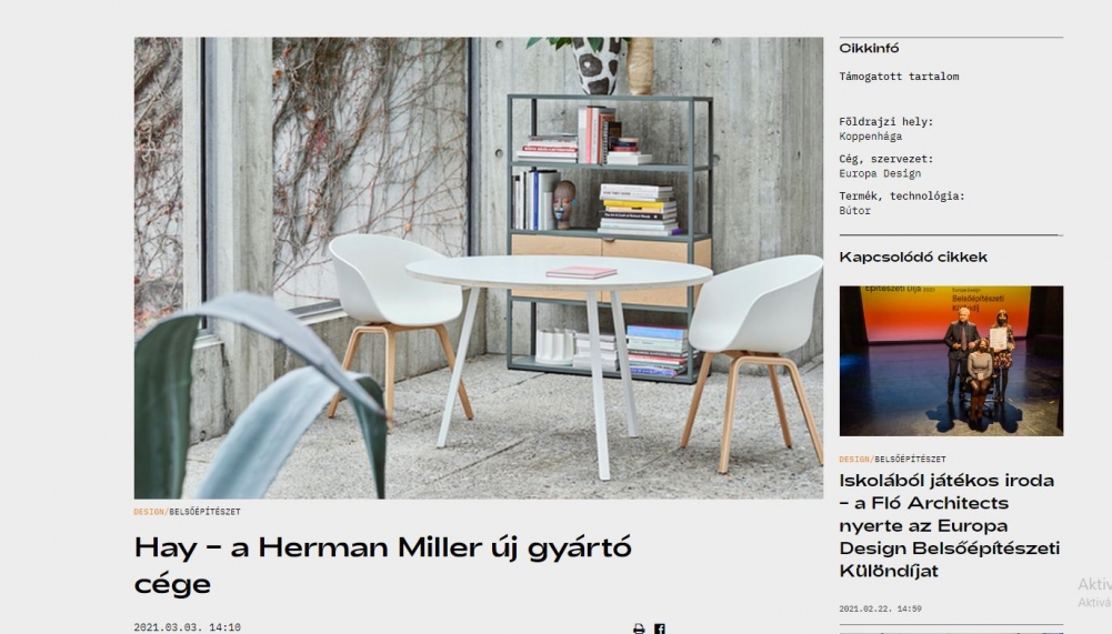 HAY, a Herman Miller új design bútor gyártója  HAY, HermanMiller, új, design, bútor, gyártó, prémium, kategória, minőség, kényelem, stílus, fenntarthatóság, esztétika
